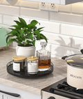 10 Inch Oak Wood Lazy Susan Turntable Organizer for Cabinet Kitchen Countertop Pantry Spice Rack and Vanity Tray Black Finish on counter