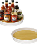 Two Pack 10 Inch Lazy Susan Turntable with oak finish holding spice jars and bottles, perfect for kitchen pantry and storage organization.