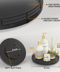 Detailed view of 10 Inch Oak Wood Lazy Susan Turntable Organizer with iron mesh frame, featuring anti-slip pads and raised edges, black finish.