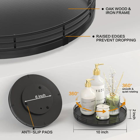 Detailed view of 10 Inch Oak Wood Lazy Susan Turntable Organizer with iron mesh frame, featuring anti-slip pads and raised edges, black finish.