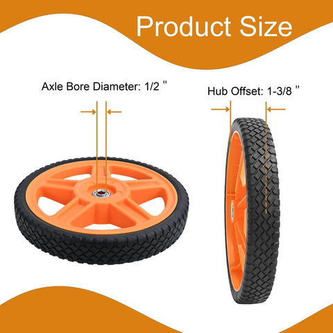 10 Inch Lawn Mower Wheels for Push Mowers, Plastic PU Wheels with Bolts & Nuts shown with axle bore diameter and hub offset measurements
