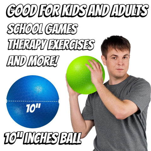 Man holding green ball with 10 Inch Kickball Playground Balls - (Pack of 6) Inflatable Rubber Indoor Outdoor Bouncy Balls