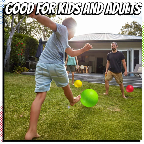 Children and adults playing with 10 Inch Kickball Playground Balls - (Pack of 6) Inflatable Rubber Indoor Outdoor Bouncy Balls on grass.