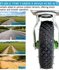 Close-up of a 10 inch heavy duty pneumatic caster wheel with rubber knobby tread suitable for varied outdoor surfaces.