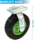 10 inch heavy duty pneumatic caster wheels set of 4 with rubber knobby tread, showing product size dimensions and details.