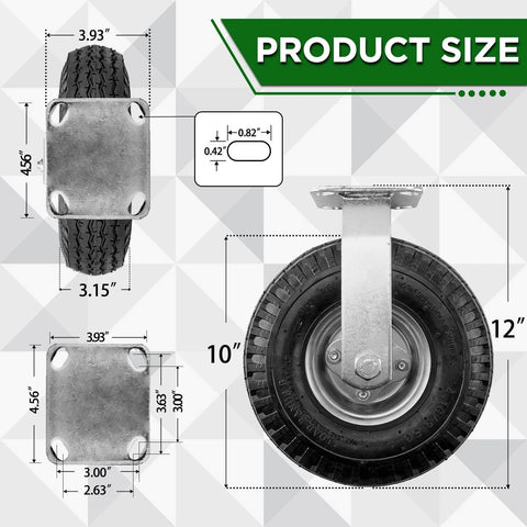 10 inch pneumatic rigid caster wheels in a 2 pack with all terrain rubber tires, zinc top plate design rated 600 lbs dimensions.