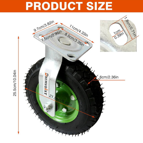 Close-up view of 10 inch pneumatic caster wheels set of 4 with heavy duty air tires, featuring size dimensions and metal bracket.