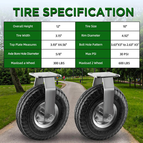 10 inch pneumatic rigid caster wheels in a 2 pack with all terrain rubber tires, zinc top plate design rated 600 lbs close-up
