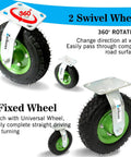 10 inch heavy duty pneumatic caster wheels set of 4 with rubber knobby tread, showing 2 swivel and 2 fixed casters.