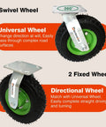 10 inch pneumatic caster wheels set of 4 with heavy duty air tires, including 2 swivel casters and 2 rigid casters displayed.
