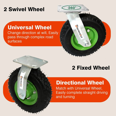 10 inch pneumatic caster wheels set of 4 with heavy duty air tires, including 2 swivel casters and 2 rigid casters displayed.
