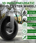 10 inch pneumatic rigid caster wheels in a 2 pack with all terrain rubber tires, zinc top plate design rated 600 lbs on pavement.