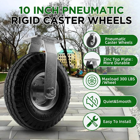 10 inch pneumatic rigid caster wheels in a 2 pack with all terrain rubber tires, zinc top plate design rated 600 lbs on pavement.