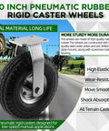 10 inch pneumatic rigid caster wheels in a 2 pack with all terrain rubber tires and zinc top plate design rated 600 lbs