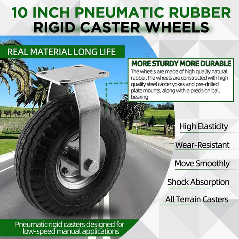 10 inch pneumatic rigid caster wheels in a 2 pack with all terrain rubber tires and zinc top plate design rated 600 lbs