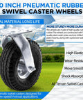 10 inch pneumatic swivel caster wheels in a 2 pack with air filled rubber tires, zinc top plate casters designed for carts and wagons, close-up view.