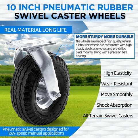 10 inch pneumatic swivel caster wheels in a 2 pack with air filled rubber tires, zinc top plate casters designed for carts and wagons, close-up view.