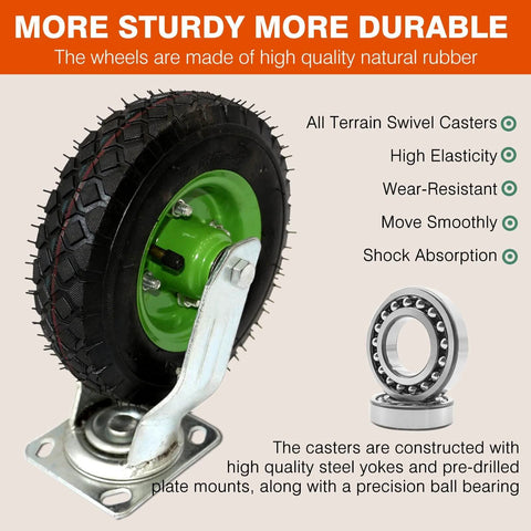 10 inch pneumatic caster wheels set of 4 with heavy duty air tires, showing a swivel caster with a rubber tire and metal yoke.