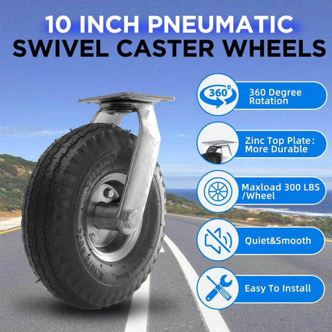 10 inch pneumatic swivel caster wheels in a 2 pack with air filled rubber tires, zinc top plate on a scenic road.