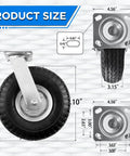 10 inch pneumatic swivel caster wheels in a 2 pack with air filled rubber tires and zinc top plate with dimensions.