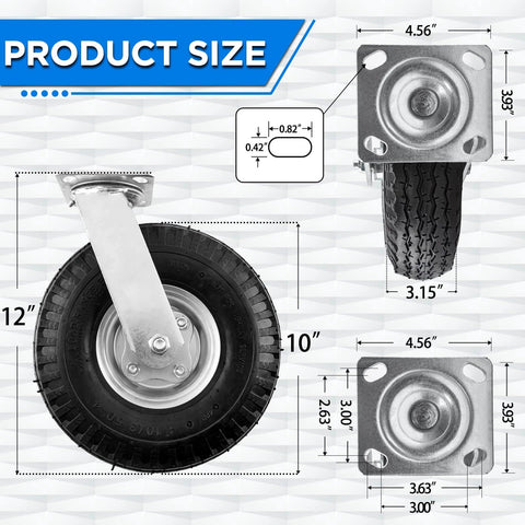 10 inch pneumatic swivel caster wheels in a 2 pack with air filled rubber tires and zinc top plate with dimensions.