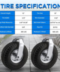 Tire specifications for 10 inch pneumatic swivel caster wheels in a 2 pack with air filled rubber tires and zinc top plate.