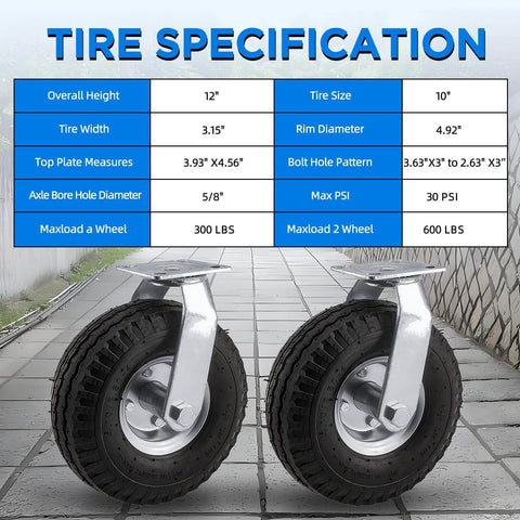 Tire specifications for 10 inch pneumatic swivel caster wheels in a 2 pack with air filled rubber tires and zinc top plate.