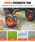 Close-up of 10 inch all-terrain wheels on 4 Cu Ft Poly Garden Cart Dump Wagon with 600 lb Capacity. Highlight on terrain capabilities.
