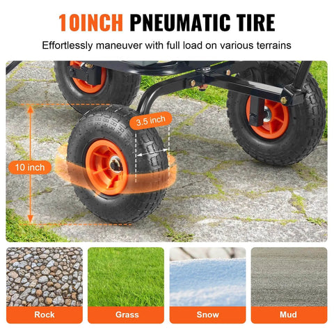 Close-up of 10 inch all-terrain wheels on 4 Cu Ft Poly Garden Cart Dump Wagon with 600 lb Capacity. Highlight on terrain capabilities.