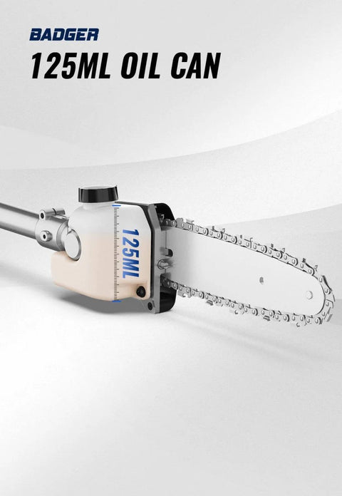 10 Inch Pole Saw Attachment With Automatic Lubrication for Gas Powered Tools showing chain and oil canister