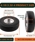 10 Inch Solid Polyurethane Tire 4.10 To 3.50-4 With Flat Free Wheels Five Eighth Inch Bearings And 2.2 Inch Offset Hub dimensions