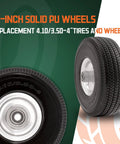 10 Inch Solid Polyurethane Tire 4.10 To 3.50-4 with flat free wheels featuring five eighth inch bearings and offset hub