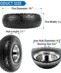 4.10/3.50-4 Flat Free 10 Inch Solid Tires and Wheels Replacement, showing tire size and specifications.