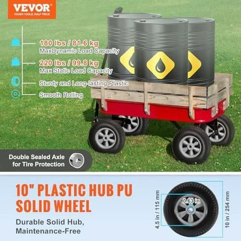 Wooden cart on grass loaded with barrels, featuring 10" plastic hub PU solid wheels and double sealed axle for tire protection.