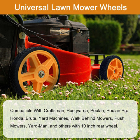 10 Inch Lawn Mower Wheels for Push Mowers, Plastic PU Wheels with Bolts & Nuts on red lawnmower in grass