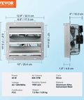 Side and front view of 10 Inch Shutter Exhaust Fan With 820 CFM High Speed Aluminum Wall Mount Attic Fan For Ventilation And Cooling In Greenhouses Garages Sheds And Shops With AC Motor FCC Listed By VEVOR with dimensions and specs displayed.