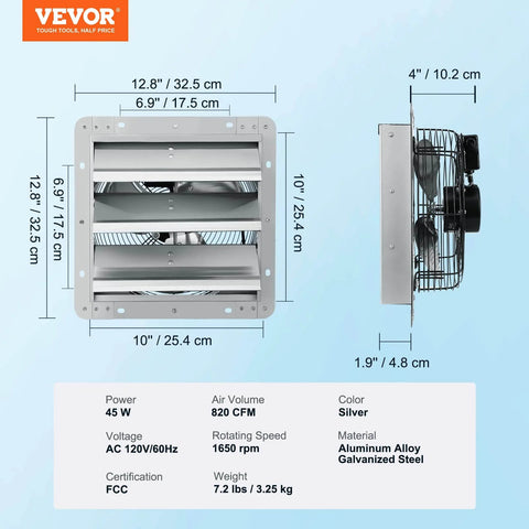 Side and front view of 10 Inch Shutter Exhaust Fan With 820 CFM High Speed Aluminum Wall Mount Attic Fan For Ventilation And Cooling In Greenhouses Garages Sheds And Shops With AC Motor FCC Listed By VEVOR with dimensions and specs displayed.