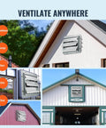 10 Inch Shutter Exhaust Fan With 820 CFM High Speed Aluminum Wall Mount Attic Fan For Ventilation And Cooling In Greenhouses Garages Sheds And Shops With AC Motor FCC Listed By VEVOR installed on various building exteriors.