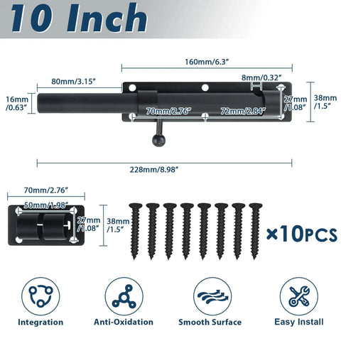 10 Inch Heavy Duty Slide Bolt Latch With SUS304 Stainless Steel Barrel Lock and Matte Black Finish, mounting screws included