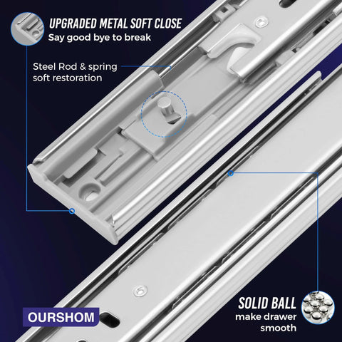 Close-up of 10 Inch Soft Close Drawer Slides 1 Pairs (2pcs) Heavy Duty Full Extension Ball Bearing, showing metal soft close and solid ball features