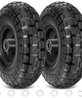 10 Inch Solid Tires 2 Pack Flat Free 4.10/3.50-4 Wheels with 5/8 Inch Axle Bore, double sealed bearings, and heavy-duty rubber.