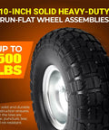 10-inch solid heavy-duty wheel assembly close-up with steel rim, showcases durability for up to 500 lbs.