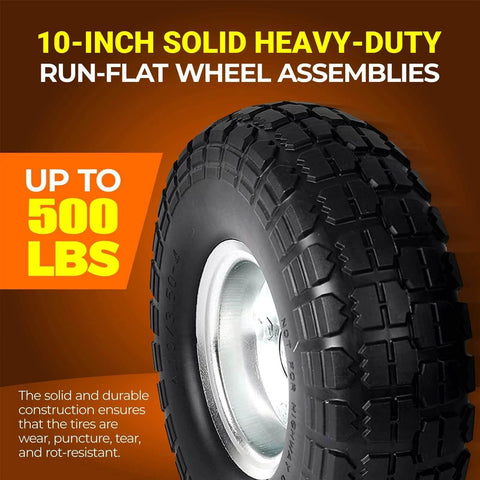 10-inch solid heavy-duty wheel assembly close-up with steel rim, showcases durability for up to 500 lbs.