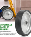 2-pack 10"x2.2" flat free solid rubber replacement tires for hand trucks and dollies, shown installed with maximum load capacity