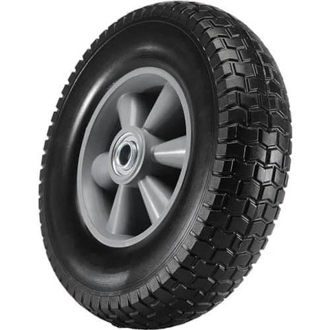 Side view of a 10-inch solid rubber tire with plastic hub, part of a ✝️ (2-pack) 10" x 2.5" solid rubber tire wheels for wheelbarrow replacement.