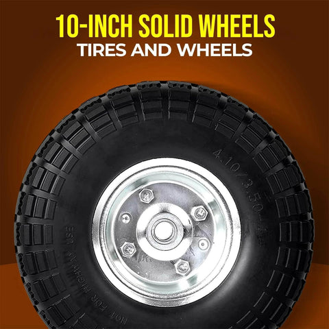 2 Pack 10 Inch Solid Rubber Tire Wheels, 4.10/3.50-4 Flat Free Replacement Tires with 5/8 Inch Bearings, Steel Rim