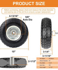 10 Inch 4.10/3.50-4 Flat Free Solid Rubber Wheels 4 Pack size details with 5/8 inch axle, steel rim, suitable for garden carts and wheelbarrows