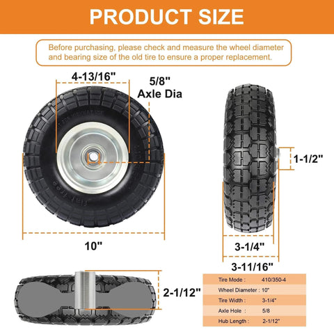 10 Inch 4.10/3.50-4 Flat Free Solid Rubber Wheels 4 Pack size details with 5/8 inch axle, steel rim, suitable for garden carts and wheelbarrows