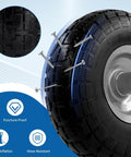 Close-up of 10-inch 4.10/3.50-4 tire and wheel flat free, heavy duty solid replacement tire with 5/8" bearings, showing puncture resistance.
