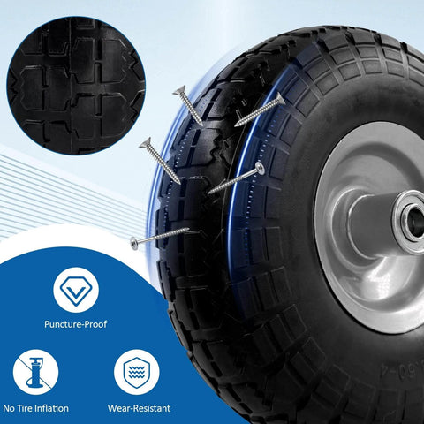 Close-up of 10-inch 4.10/3.50-4 tire and wheel flat free, heavy duty solid replacement tire with 5/8" bearings, showing puncture resistance.
